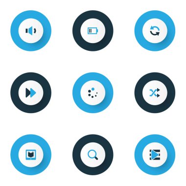 Multimedya simgeler düşük pil, shuffle, eşitleme ve diğer Büyüteç öğeleri kümesi renkte. İzole illüstrasyon multimedya simgeler.