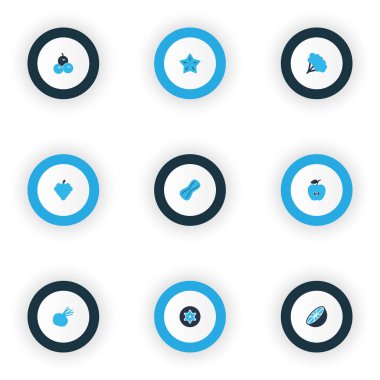 Gıda simgeler kümesi pancar, fıstık, starfruit ve bakire diğer öğelerle birlikte renkte. İzole illüstrasyon gıda simgeler.