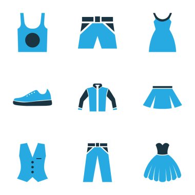 Giysi simgeler kümesi pantolon, lastikbotlar, singlet ve diğer elbise öğeleri ile renkli. İzole şekil kutsal kişilerin resmi elbise.
