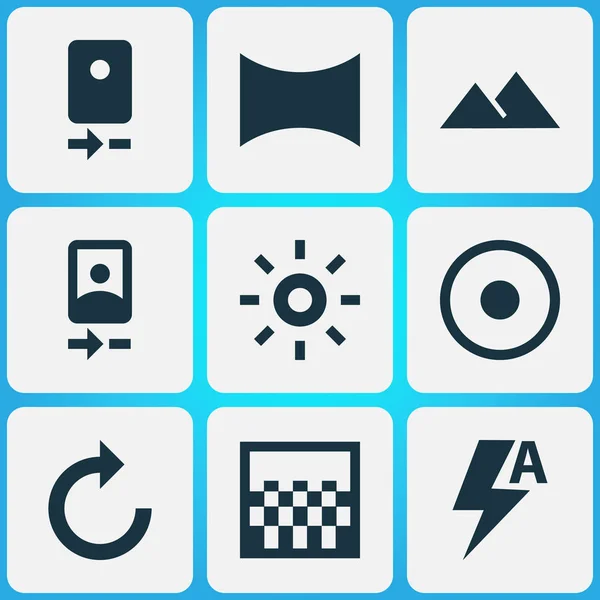 Photo icons set with smartphone, panorama, refresh right and other dartboard elements. Isolated  illustration photo icons.