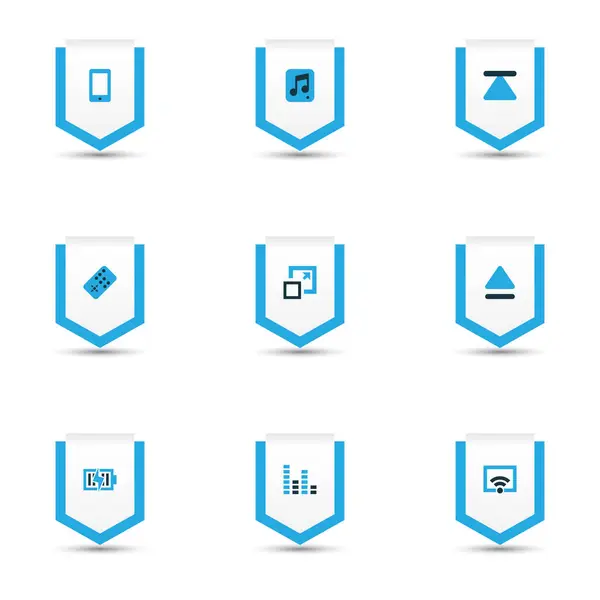 Ensemble d'icônes multimédia colorées avec dessus, smartphone, chargeur et autres éléments de contrôleur. Illustration isolée icônes multimédia . — Photo