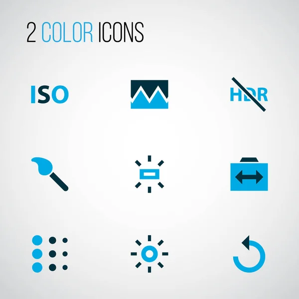 Photo icons colored set with iso, reload, effect and other hdr off elements. Isolated  illustration photo icons.