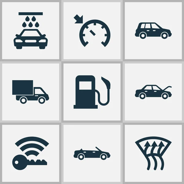 Conjunto de iconos del coche con combustible, control de crucero, furgoneta y otros elementos de fijación. Iconos de coche ilustración aislada . —  Fotos de Stock