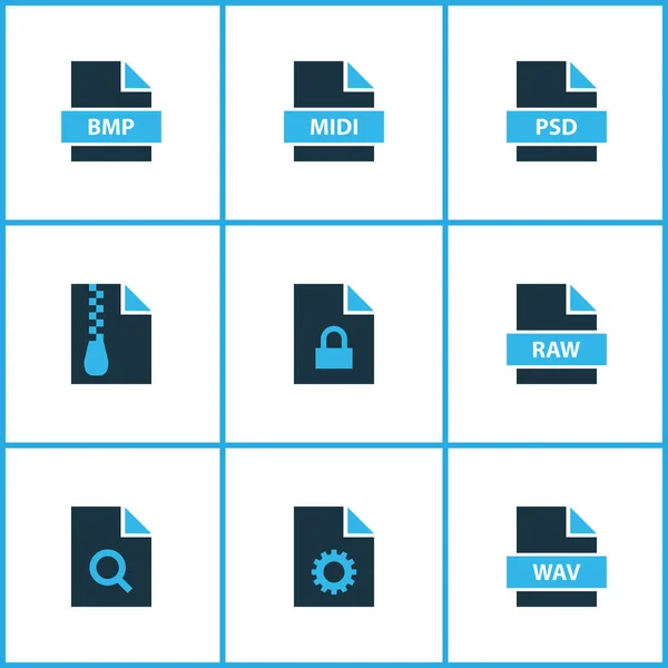 Tipi icone colorate set con file di ricerca, archivio file, file bmp e altri elementi zip. Isolati tipi di illustrazione icone . — Foto Stock