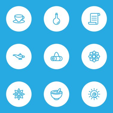 Meditasyon kutsal kişilerin resmi stil fincan çay, lamba, el yazması ve diğer kaydırma öğeleri ile kümesi satır. İzole vektör çizim meditasyon kutsal kişilerin resmi.