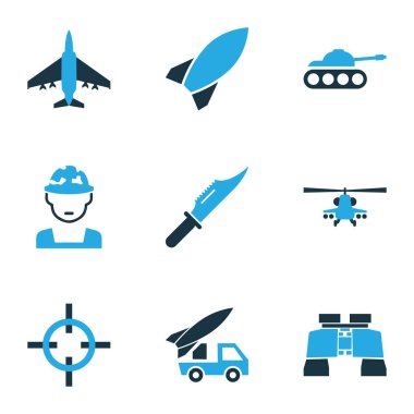 Ordu simgeler bomba, keskin nişancı hedef, memur ve diğer avcı öğeleri kümesi renkte. İzole vektör çizim ordu simgeler.