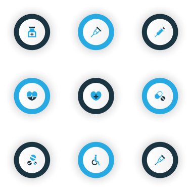 Uyuşturucu simgeler kümesi granül, kalp atışı, uyuşturucu ve diğer Engelli öğeleri ile renkli. İzole vektör çizim uyuşturucu simgeler.