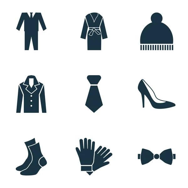 Сукня іконки встановлені з костюмом, жіноче взуття, краватка та інші елементи напівшланга. Ізольовані векторні ілюстрації сукні піктограми . — стоковий вектор