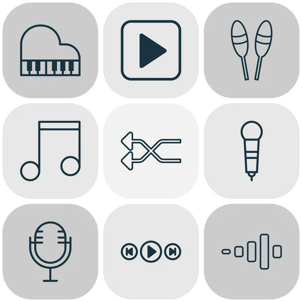 Icone musicali con microfono, musica, shuffle e altri elementi di frequenza. Isolato vettoriale illustrazione icone musicali . — Vettoriale Stock