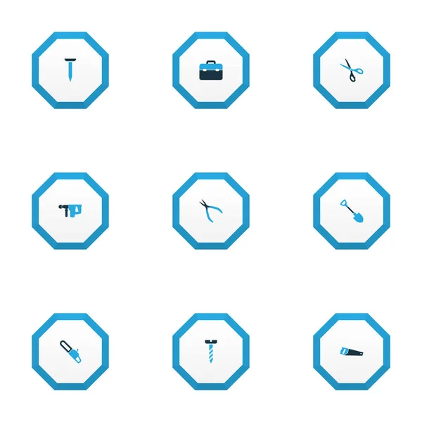 Інструменти піктограми кольору, встановлені з електричним інструментом, бензопилою, ножицями та іншими елементами ножівки. Ізольовані векторні ілюстрації значки інструментів . — стоковий вектор
