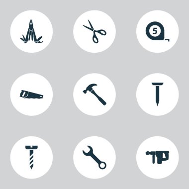İngiliz anahtarı, testere, çekiç ve diğer onarım elemanları ile araçlar Icons set. İzole vektör çizim araçları simgeler.