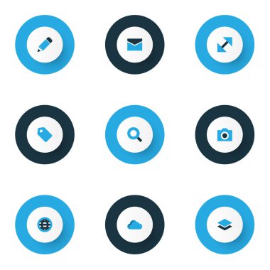 Kullanıcı simgeler kümesi etiketi, küre, bulut ve diğer toprak elementleri ile renkli. İzole vektör çizim Kullanıcı simgeleri.