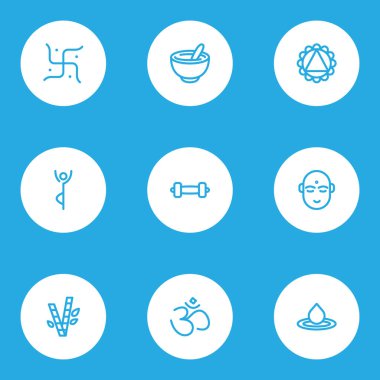 Din, Hinduizm, su damlası ve diğer mandala öğeleri ile ayarlamak simgeleri çizgi stili rahatla. İzole vektör çizim rahatla simgeler.