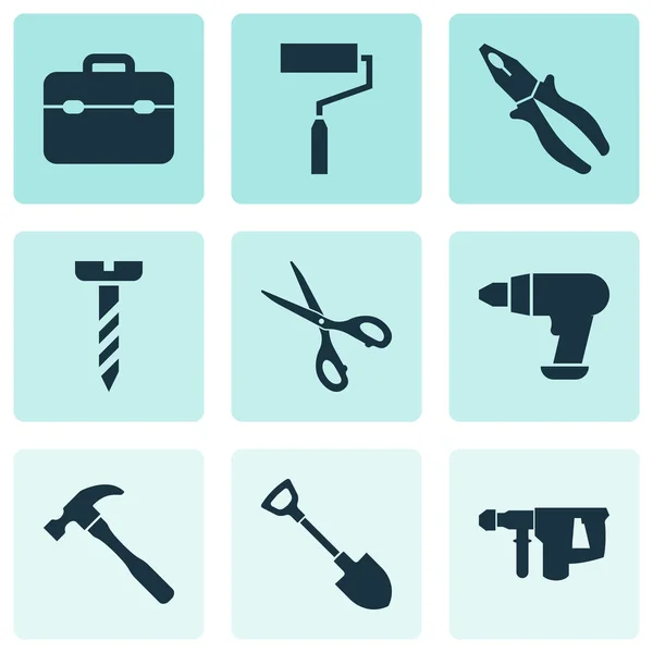 Werkzeuge Icons Set mit elektrischem Instrument, Bohrmaschine, Schere und anderen Klemmelementen. Isolierte Vektor-Illustrationswerkzeuge Symbole. — Stockvektor