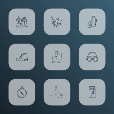 Kamp simgeler stil hedef, orman, harita ve diğer hedef öğeleri kümesi satır. İzole illüstrasyon simgeler kamp.