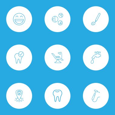 Diş simgeler çizgi stili vitaminler, diş hekimi konumu, diş bakımı ve sağlık diğer öğeleri ile ayarla. İzole illüstrasyon diş simgeler.
