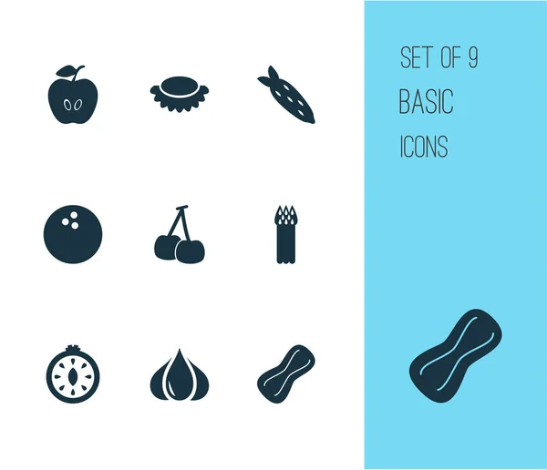 Lebensmittel-Symbole mit Erdnüssen, Litschis, Tomatenscheiben und anderen Litschi-Elementen. isolierte Abbildung Lebensmittel-Ikonen. — Stockfoto
