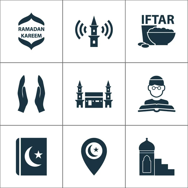Náboženství ikony nastavit mimbar, náboženství, Mekky a další prvky Hidžáz. Izolované ilustrace náboženství ikony. — Stock fotografie
