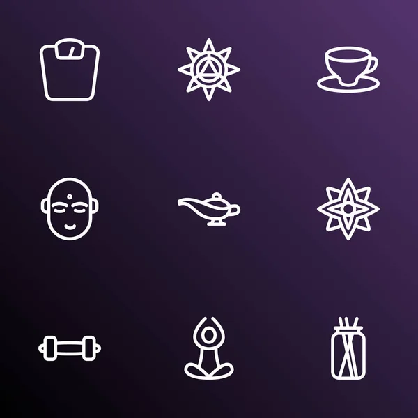 Iconos de meditación conjunto de estilo de línea con mancuerna, floral, lámpara y otros elementos de peso. Iconos de meditación de ilustración aislada . —  Fotos de Stock