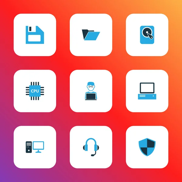 Computer icone colorate set con cuffie, dischetto, uomo con notebook e altri elementi floppy disk. Isolate icone del computer illustrazione . — Foto Stock