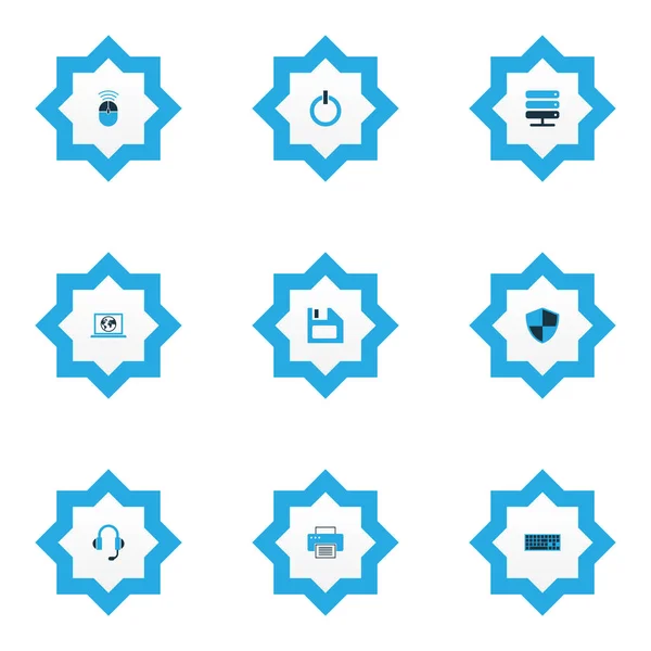 Maskinvara ikoner färgad set med starta knappen, skrivare, datormus och andra hörlurar element. Isolerade illustration hårdvara ikoner. — Stockfoto