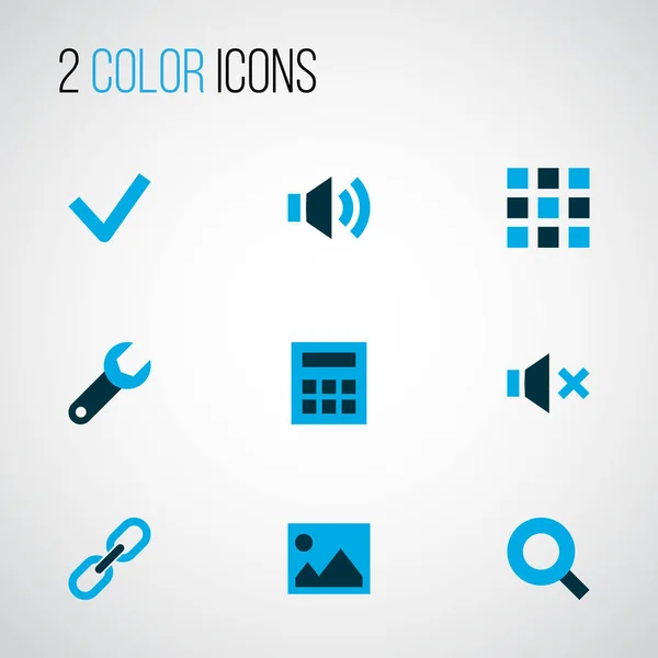 Interface icons colored set with calculator, link, sound and other wrench elements. Isolated  illustration interface icons.