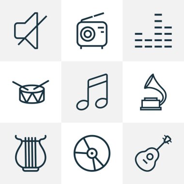 Müzik simgeleri stil gramofon, mikser, sessiz ve kablosuz diğer öğeleri kümesi satır. İzole vektör illüstrasyon müzik simgeleri.