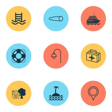 Yüzme Havuzu, dürbün, çiftlik ve ahır diğer ev öğeleri ile ayarlamak simgeleri seyahat. İzole vektör illüstrasyon seyahat simgeler.