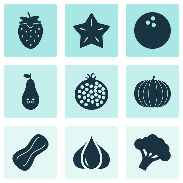 Mat ikoner set med Carambola (starfruit), päron, vitlök och andra kokos element. Isolerade vektor illustration mat ikoner. — Stock vektor