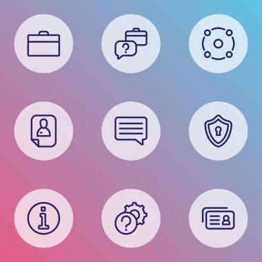 İş simgeleri çizgi stili özgeçmiş, kimlik kartı, bilgi ve diğer yardım ile öğeleri ayarlayın. İzole vektör illüstrasyon iş simgeleri.