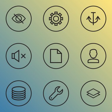 Kullanıcı simgeleri stil armatür, klasörü, istemci ve dilsiz başka öğeler kümesi satır. İzole vektör çizim Kullanıcı simgeleri.