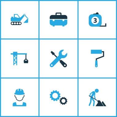 Sanayi simgeler kümesi araçları, tarak, Oluşturucusu ve diğer büyük öğeleri ile renkli. İzole vektör çizim sanayi simgeleri.