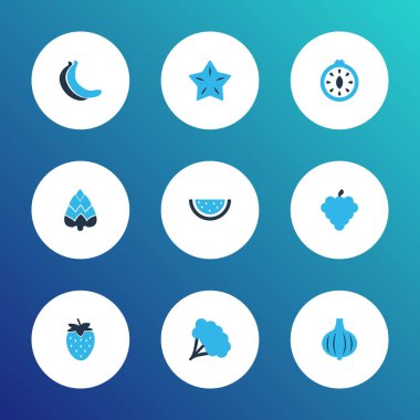 Gıda simgeler kümesi Grup, starfruit, muz ve lezzetli diğer öğelerle birlikte renkte. İzole vektör çizim gıda simgeler.