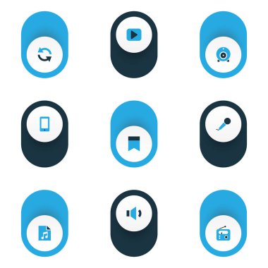 Müzik simgeler kümesi web cam, smartphone, şarkı listesi ve diğer mikrofon öğeleri ile renkli. İzole vektör illüstrasyon müzik simgeleri.