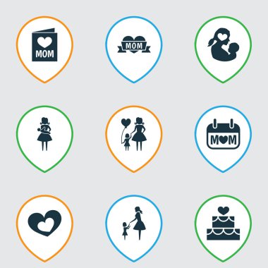 Anneler günü simgesi tasarım konsepti. Kartpostal, Bebek ve pasta 9 gibi öğeleri kümesi. Anne, kalp ve bebek için güzel sembolleri.