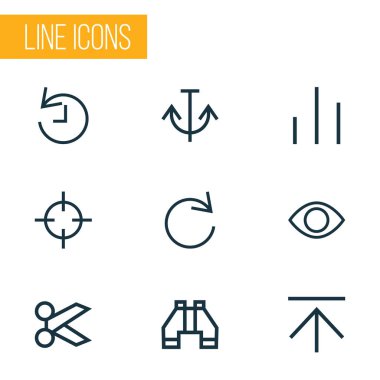 Armatür, hedef, son tarih ve diğer bağlantı öğeleri ile ayarla simgeler çizgi stili arabirim. İzole vektör çizim arayüzü simgeler.