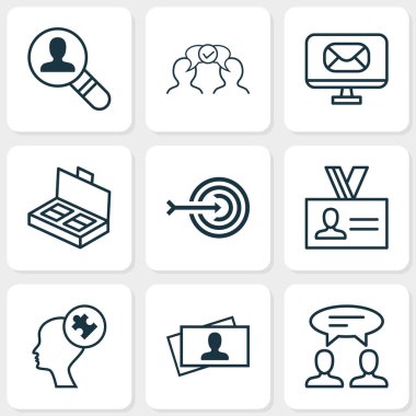 Yönetim Icons set ile problem çözme, tartışma, kimlik kartı ve diğer kimlik doğrulama öğeleri ile. İzole vektör çizim yönetim simgeleri.