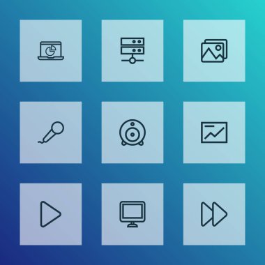 Multimedya simgeler stil kümesini görüntüleme, web kamerası, hızlı ileri ve diğer ekran öğeleri satır. İzole vektör çizim multimedya simgeler.