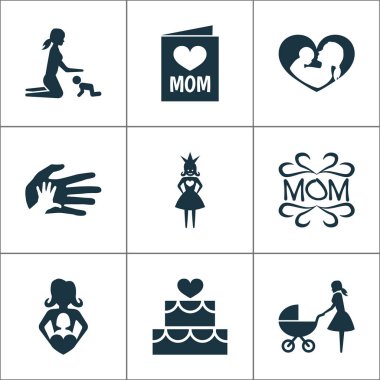 Anneler günü simgesi tasarım konsepti. Kartpostal, avuç içi ve tasarım 9 gibi öğeleri kümesi. Anne, kalp ve bebek için güzel sembolleri.