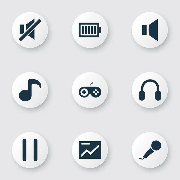 Media ikony sada s joystickem, ztlumit, pauza a další prvky plnou baterii. Izolované vektorové ilustrace média ikony. — Stockový vektor