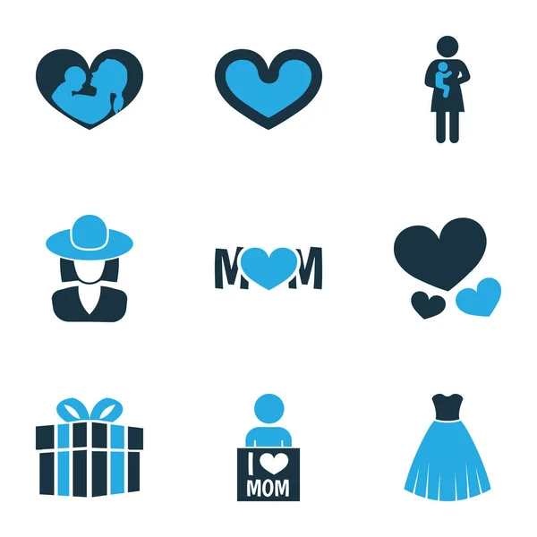 Dia das mães ícone colorido conceito de design. Conjunto de 9 elementos como bebê recém-nascido, eu amo a mãe e design. Belos símbolos de amor, coração e mulher . — Vetor de Stock
