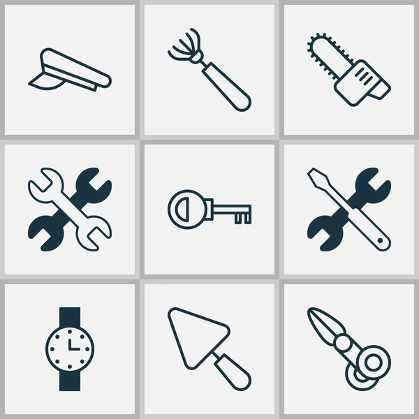 Ferramentas ícones conjunto com motosserra, relógio, tesoura e outros elementos de boné policial. Isolados ícones de ferramentas de ilustração vetorial . —  Vetores de Stock