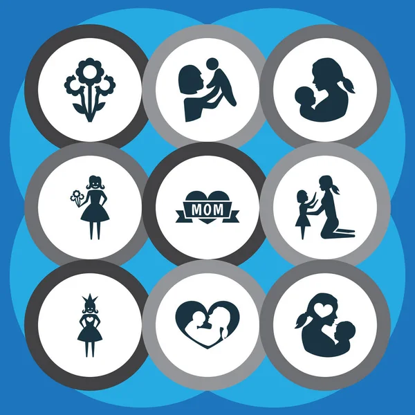 Matek dzień ikona koncepcja. Zestaw 9 takich elementów jak noworodka, księżniczka i kobieta. Piękne symbole dla matki, dziecka i opieki. — Wektor stockowy