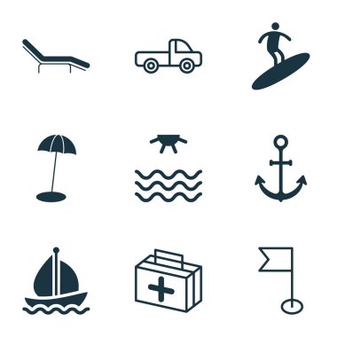 Deniz, plaj sandalyesini, plaj şemsiyesi ve diğer boardsports öğeleri ile turizm Icons set. İzole vektör çizim Turizm simgeler.