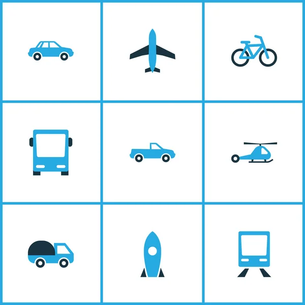 Shipment icons colored set with train, car, rocket and other autobus elements. Isolated vector illustration shipment icons. — Stock Vector