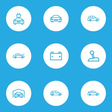 Otomatik simgeler stil araba, spor otomatik, başlık ve diğer kaporta öğeleri kümesi satır. İzole vektör çizim otomatik simgeler.