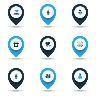 Anneler günü simgesi renkli tasarım konsepti. 9 gibi öğeleri kalp, bugünü ve gece elbisesi ayarlayın. Anne, aşk ve kadın için güzel sembolleri.