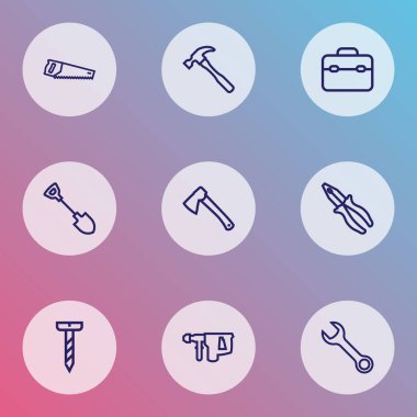 Araçları simge stil elektrikli alet, araç kutusu, kürek ve diğer anahtar öğeleri kümesi satır. İzole vektör çizim araçları simgeler.