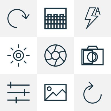 Fotoğraf simgeleri ile çizgi stilini ayarla yeniden, satranç, wb yanardöner ve tek renkli diğer öğeleri. İzole vektör çizim fotoğraf simgeler.