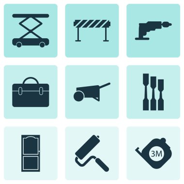 İnşaat simgeler İnşaat Asansörü, rulet, baraj ve diğer bavul öğeleri ile ayarlayın. İzole vektör illüstrasyon inşaat simgeler.